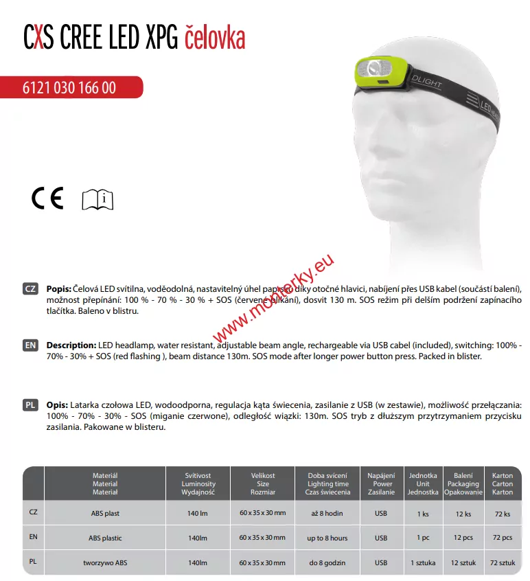 ČELOVKA CREE LED XPG, NABÍJECÍ, FLUORESCENČNÍ ŽLUTÁ 6121-030-166