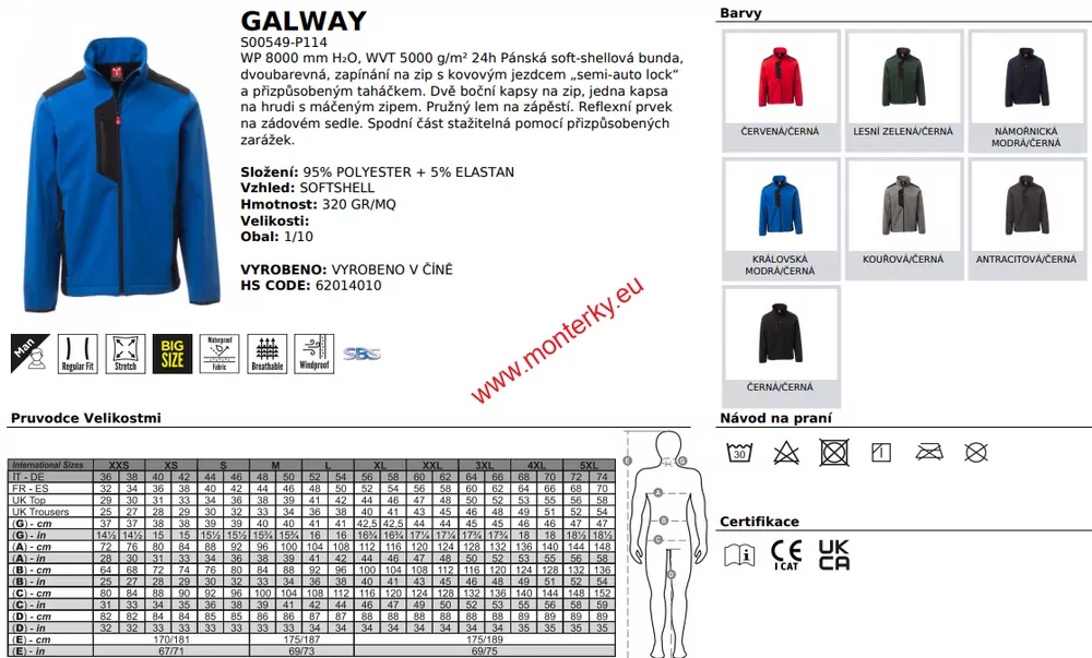 BUNDA SOFTSHELL GALWAY S00549-P114/03015 ČERVENÁ XS-5XL