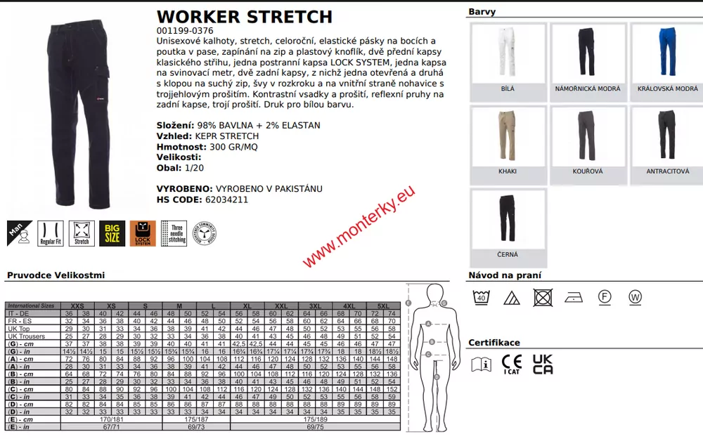 Kalhoty WORKER STRETCH 001199-0376 09000 královská modrá, XS-5XL