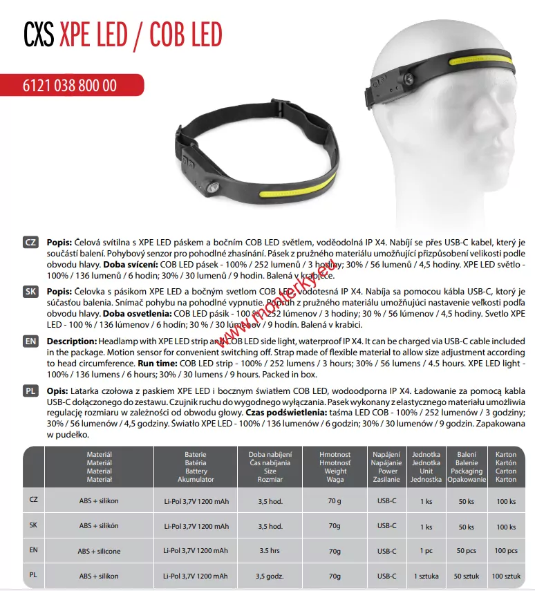 ČELOVKA CXS XPE LED / COB LED SE SVÍTÍCÍM LED PÁSKEM 6121-038-800